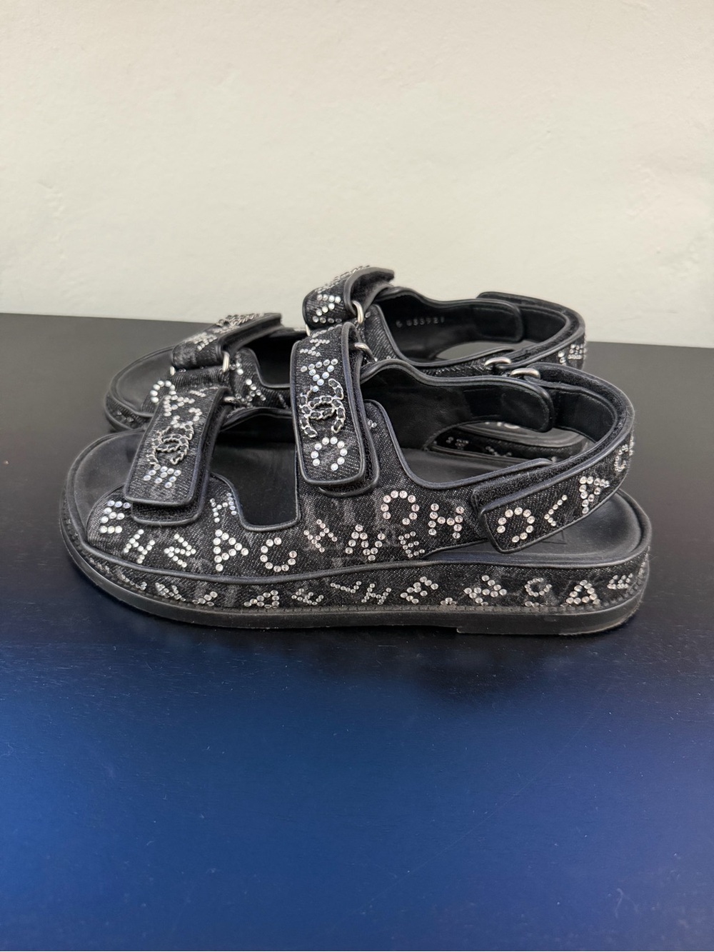 Chanel ‘dad sandals’ Black Sequin Interlocking CC Logo Women Sandals size 37.5